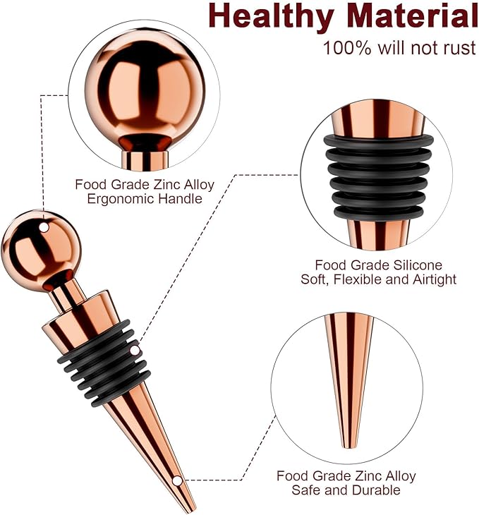 Wine Stoppers for Wine Bottles 6Pcs Vacuum Wine Bottle Stopper with Silicone Reusable Wine Corks, Leak proof Keep Fresh Suitable for Standard (Goldrose, 6 Pack)