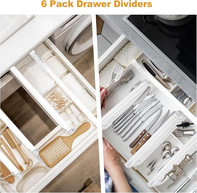 6 Pack Drawer Dividers for Clothes, 4" High 10"-17" Adjustable Drawer Dividers Expandable Dresser Drawer Organizer, Clear Drawer Separators for Clothes, Underwear, Cosmetic, Kitchen Utensils Storage