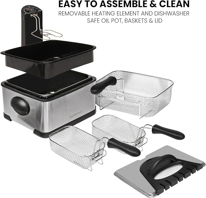 Kenmore Electric Deep Fryer - Grease & Odor Filtration, Simple Temperature Control, Eléctrica Freidoras For Home Use, 3 Baskets For Frying French Fries, Chicken Wing, 4 Liter Capacity Stainless Steel
