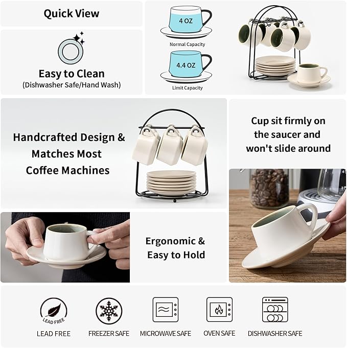 SIDUCAL Espresso Cup Set of 6 [4 oz] Stackable Ceramic Cappuccino Cup with Saucers and Cup Holder,Microwave/Dishwasher Safe,Espresso Demitasse Cups(Green)