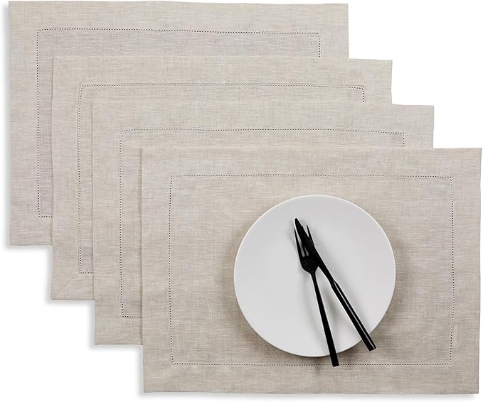 Solino Home Linen Placemats Set of 4 - Classic Hemstitch Light Natural Placemats 14 x 19 Inch - 100% Pure Linen Table Mats for Fall, Autumn, Thanksgiving, Christmas, Holiday