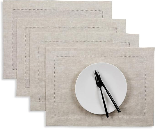Solino Home Linen Placemats Set of 4 - Classic Hemstitch Light Natural Placemats 14 x 19 Inch - 100% Pure Linen Table Mats for Fall, Autumn, Thanksgiving, Christmas, Holiday