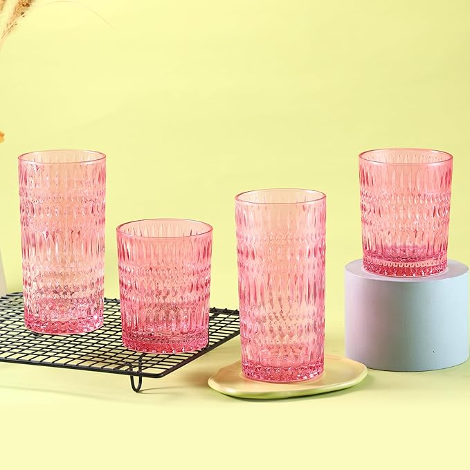 Glassware Drinking Glasses Set of 8, 14 oz Highball Glasses & 10 oz Ribbed Glass Cups, Vintage Glassware for Water, Juice, Cocktail, Whiskey (Pink)