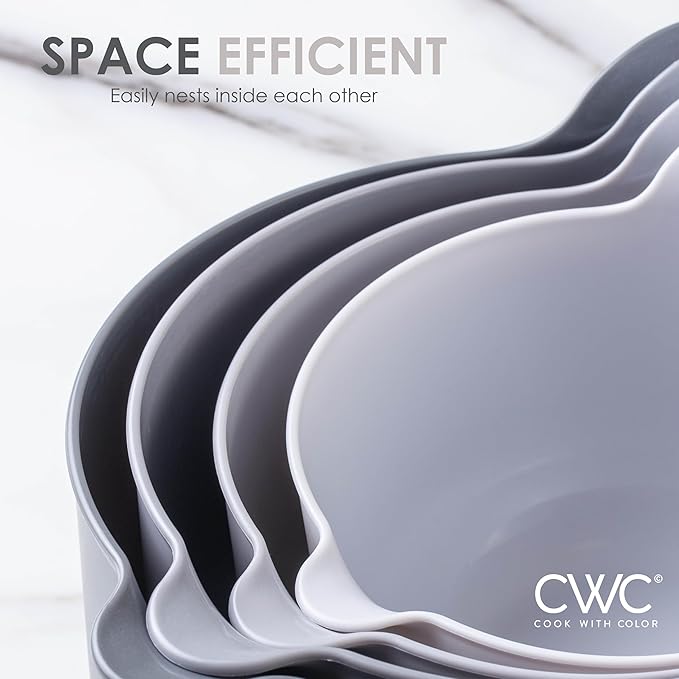 COOK WITH COLOR Nesting Plastic Mixing Bowl Set with Pour Spouts and Handles, Grey, 4 Piece Non-Slip