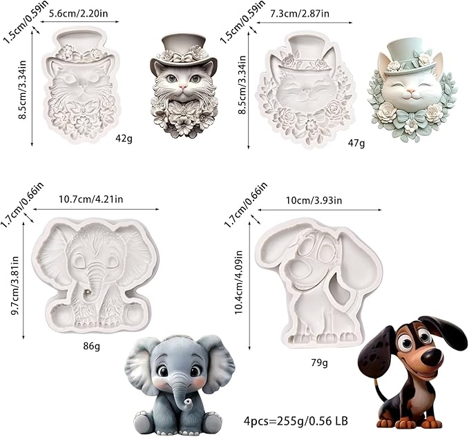 (Four-piece set) Cat with a hat, sitting elephant, sausage dog, DIY silicone mold, cake chocolate mold, wedding cake decoration tool, soft cake