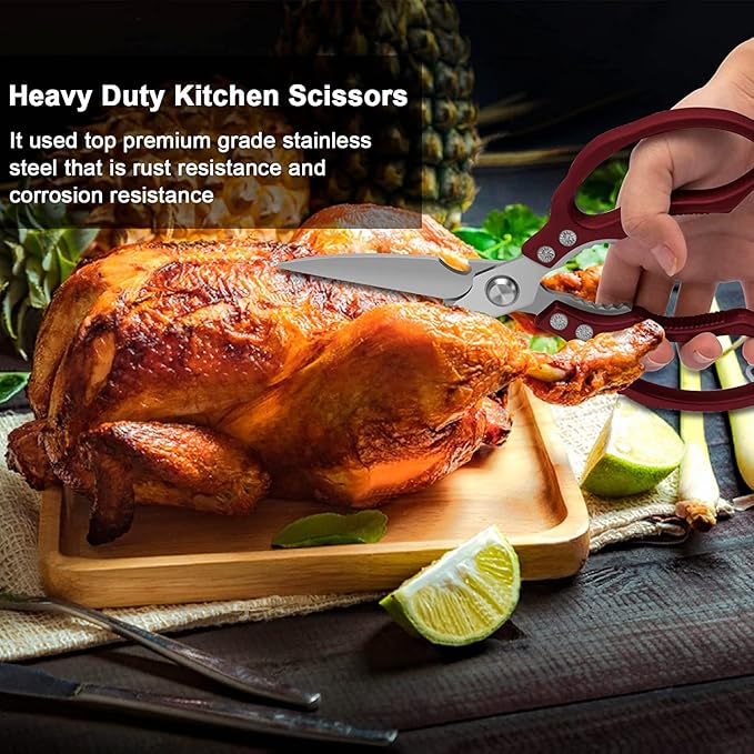 Heavy Duty Sharp Kitchen Scissors, Dishwasher Safe, Cooking Shears for Meat, Chicken, Fish, Poultry, Herb, Bread (Red)