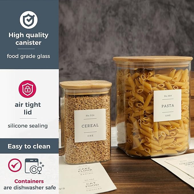 Glass Food Storage Containers with 132 Kitchen Pantry Labels, 110/37 oz Glass Flour and Sugar Containers with Airtight Lids, Large Square Glass Jars with Bamboo Lids for Rice, Pasta, Grains, Cookies