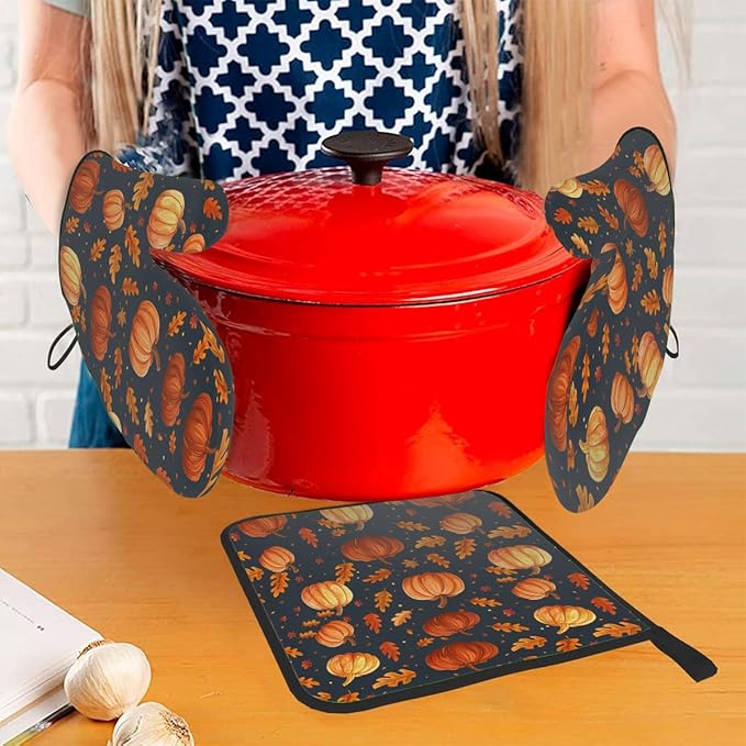 Oven Mitts Pot Holders Set 3 for Kitchen, Pumpkins Insulation Oven Gloves Heat Resistant Pot Pads Cook Essentials Accessories for BBQ Baking Cooking Kitchen Decor Gifts for Women