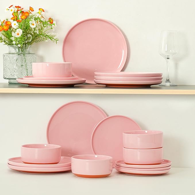 24 Piece Ceramic Dinnerware Set for 8, Modern Minimalist Stoneware Dinner Plates and Bowls, Microwave Safe, Dishwasher Safe, Versatile for All Seasons, Pink