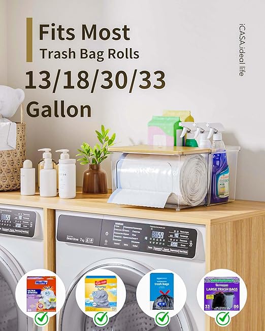 2 in 1 Trash Bag Dispenser Holder - Clear Acrylic Plastic Garbage Bags Container Tissue Box with Bamboo Lid Large Under Sink Organizer Kitchen Pantry Shelf Laundry Room Organization and Storage