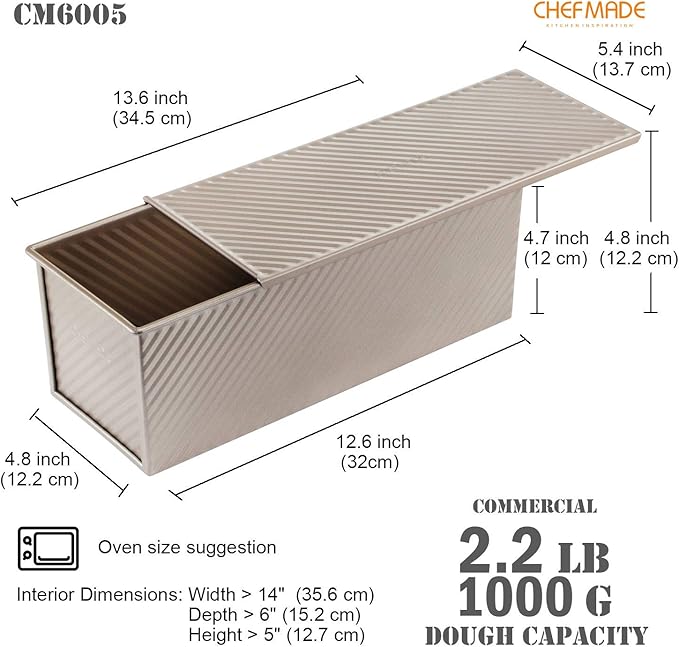 CHEFMADE Commercial Pullman Loaf Pan with Lid, 2.2Lb Dough Capacity Non-Stick Rectangle Corrugated Carbon Steel Bread Toast Mold with Cover for Baking Bread (Champagne Gold)