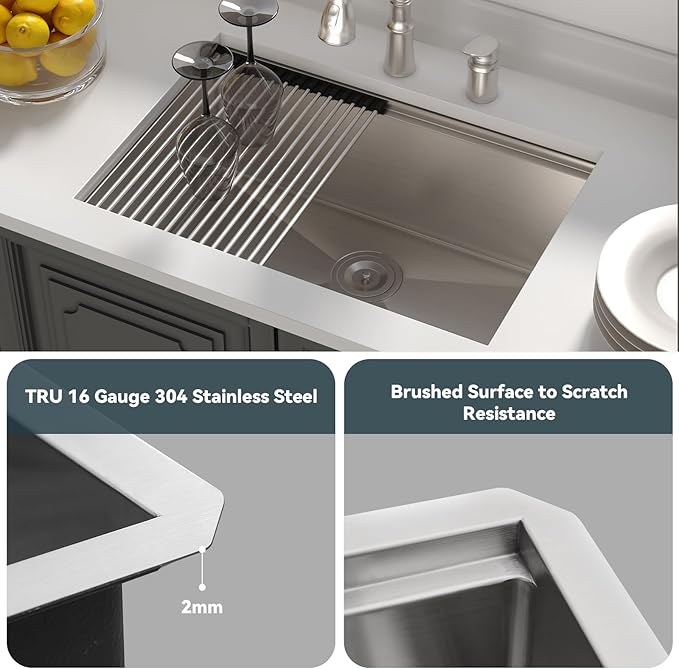 Lordear 27 Undermount Kitchen Sink 27x19 Inch 16 Gauge Stainless Steel Kitchen Sinks Under Counter Ledge Workstation Single Bowl Basin