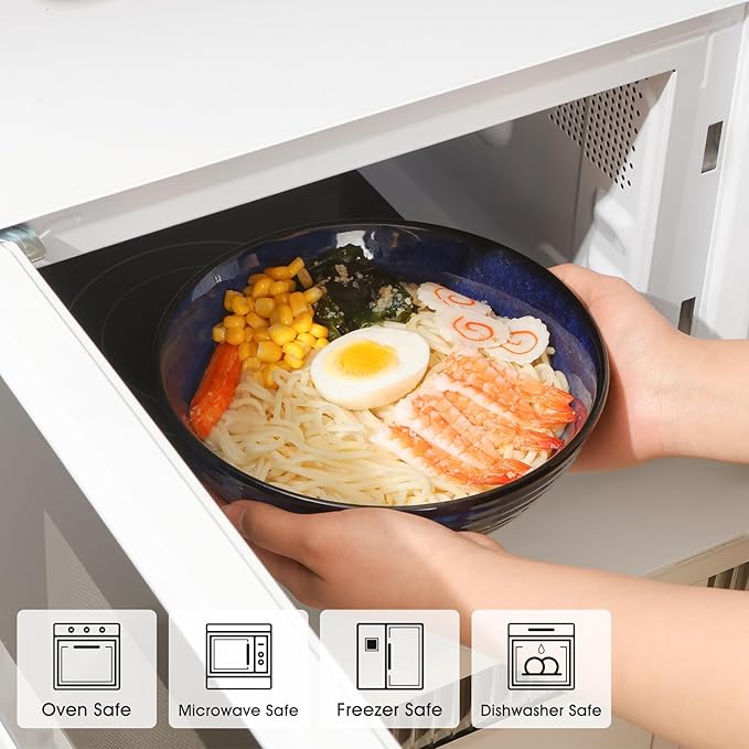 NUTRIUPS Set of 2 Ceramic Ramen Bowls with Spoons & Chopsticks, 40oz Large Soup Bowls for Udon, Miso, Noodles (Ocean Wave)