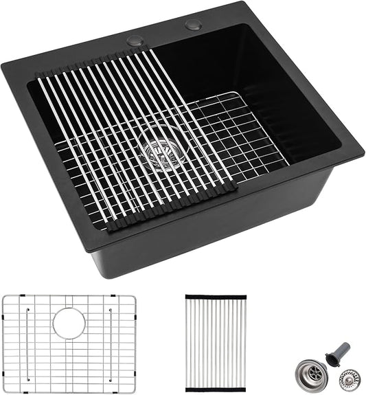 25"x22" Granite Composite Kitchen Sink – Matte Black Drop In Topmount Granite Quartz Classic Above Counter Single Bowl Sink Basin