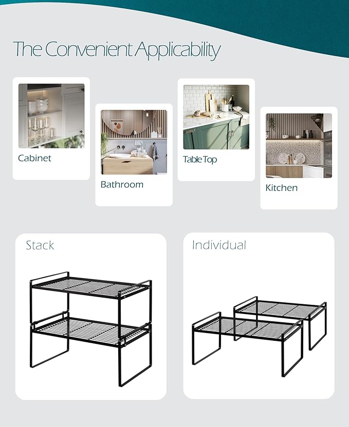 2Pack Kitchen Cabinet Shelf Counter Organizer Rack Pantry Storage Bathroom Bedroom Office Table Desk Space Saving Stackable Rust Resistant Non Slip Black Wide L16.1in W10.6in H7.3in
