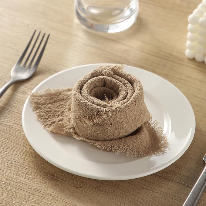 Handmade Cloth Napkins with Fringe, 100% Cotton Napkins, Delicate Handmade Linen Napkins for Dinners, Parties, Weddings and More, 17 x 17 Inch Set of 12 - Brown