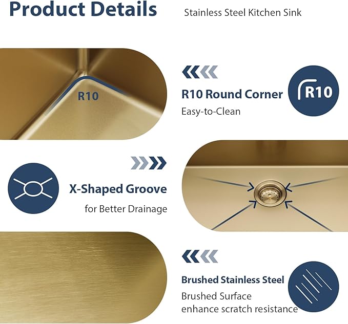 Lordear 28 Undermount Kitchen Sink Gold Stainless Steel 16 Gauge Under Counter Workstation Sink Single Bowl 304 Stainless Steel One Basin Handmade Sinks