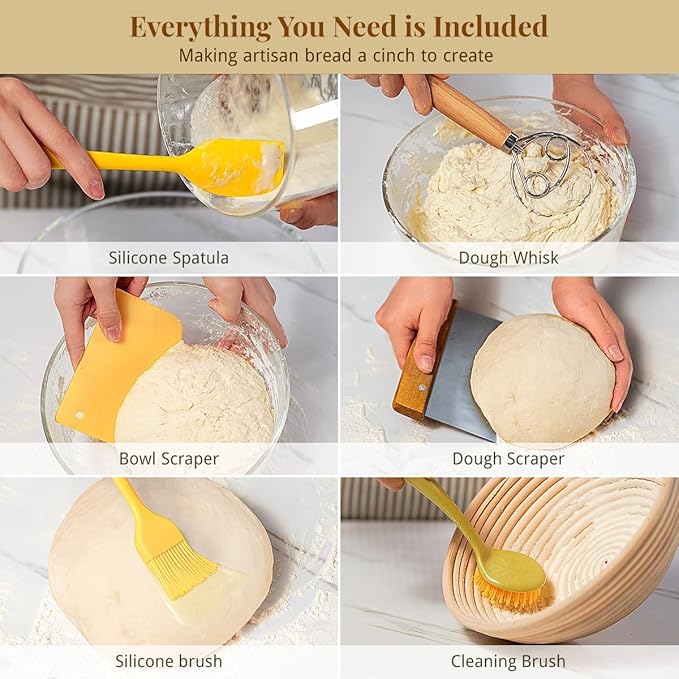 Sourdough Starter Kit, Sourdough Bread Baking Supplies with 2 Pcs 9" Round Banneton Bread Proofing Baskets, Dough Scraper, Dough Whisk, Bread Lame, Silicone Sling, Spatula, Powder Dredger