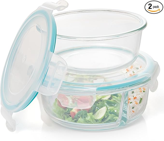 Moss & Stone 4-Pack Round Kitchen Glass Food Storage Containers Set with Lids – Reusable Glass Meal Prep Containers for Kitchen, Lunch or Fridge – Airtight Snap-Lock – Includes 1 Divided & 1 Standard