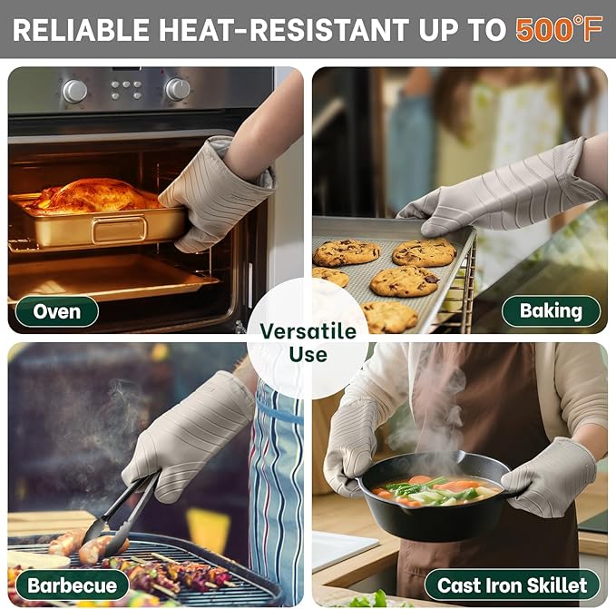 Beneno Premium Silicone Oven Mitts 2-Pack Heat Resistant 500°F, Soft Flexible Non-Slip Grips, BPA-Free & Waterproof Oven Mitts with Comfort Cotton Lining for Baking, Grilling, Cooking, 7"x13", Beige