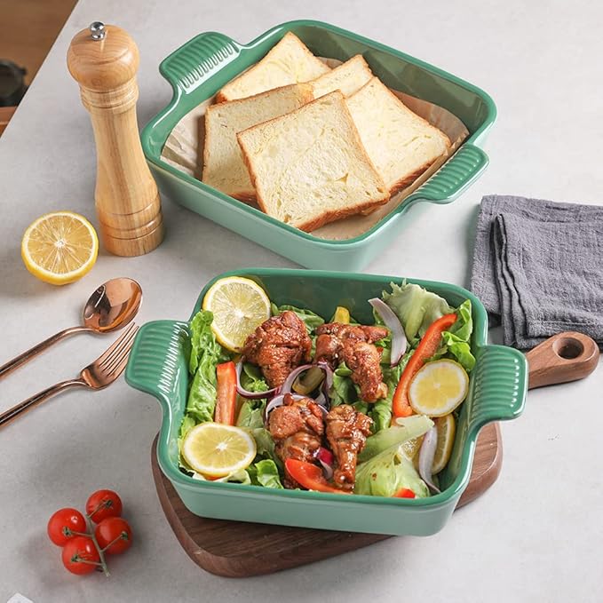 Sweejar Ceramic Baking Dish, 9 x 9 Cake Baking Pan for Brownie, Porcelain Square Bakeware with Double Handle for Casserole, Lasagna, Family Dinner (Light Green)
