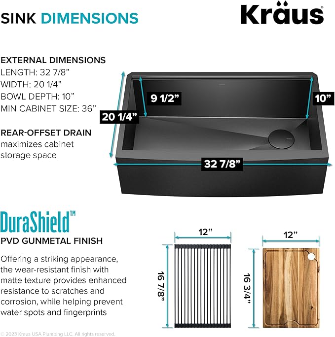 KRAUS Kore Workstation 33-inch Farmhouse Apron Front 16 Gauge Black Stainless Steel Single Bowl Kitchen Sink in PVD Gunmetal Finish with Accessories, KWF210-33/PGM