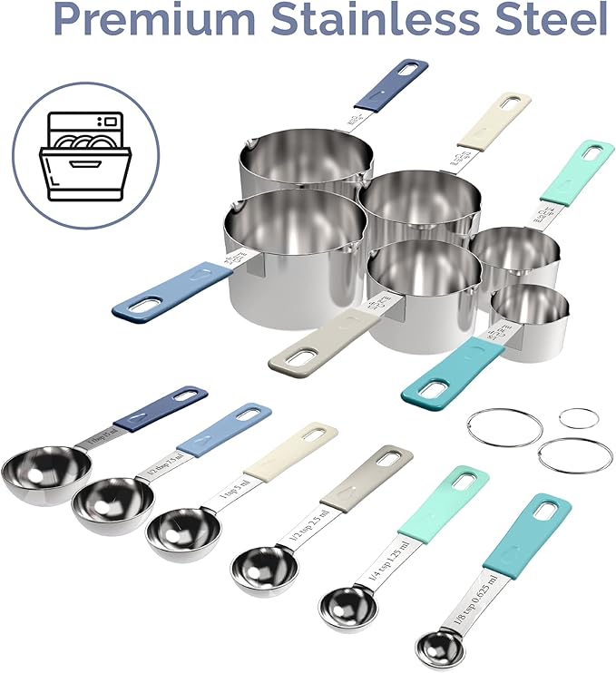 22-Piece Stainless Steel Measuring Cups and Spoons Set, Tad Dash Pinch Smidgen Drop Mini Measuring Spoons, Measuring Stick Leveler, Measurement Conversion Chart Fridge Magnet, (Farmhouse)