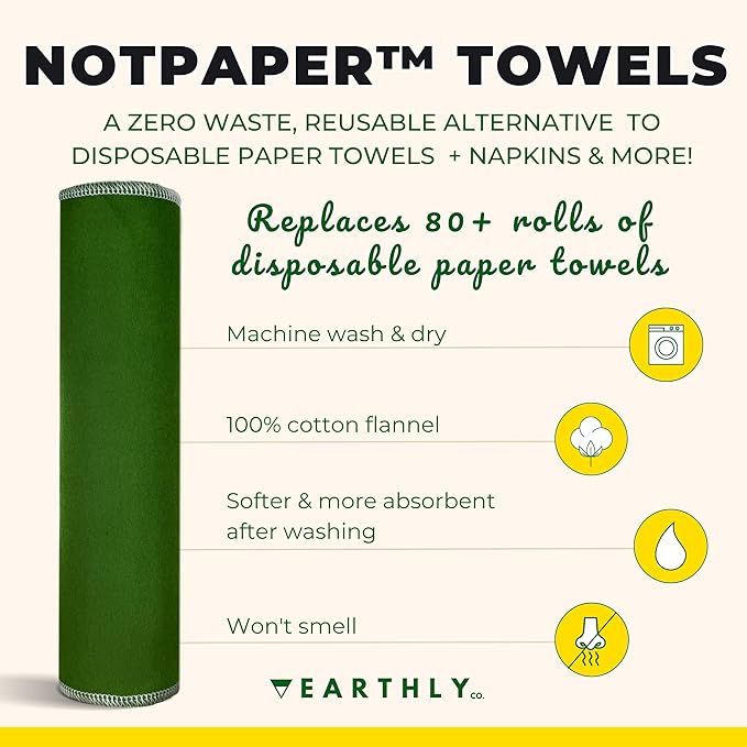 Reusable Paper Towels - 24 Pack - Roll of Washable Cotton Cloth Paper Towels - Paperless Reusable Napkins Cloth Washable - Absorbent + Long Lasting - Zero Waste Products - (Green)
