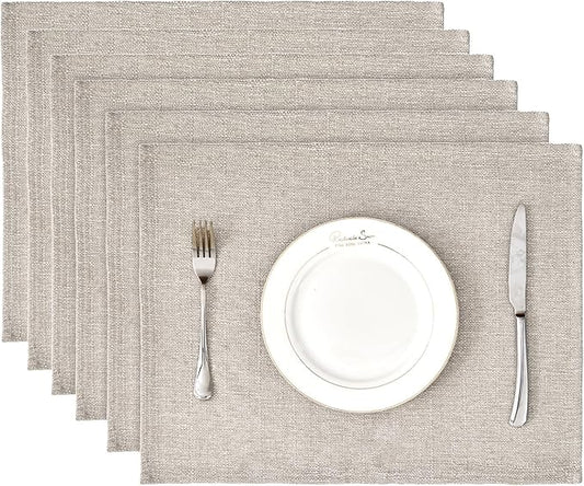 BALCONY & FALCON Placemats Set of 6 Faux Linen Cloth Place Mats Washable Waterproof Wrinkle Resistant Table Placemats for Dining Kitchen Farmhouse Indoor & Outdoor Use(Beige, 13.8”x 17.7”