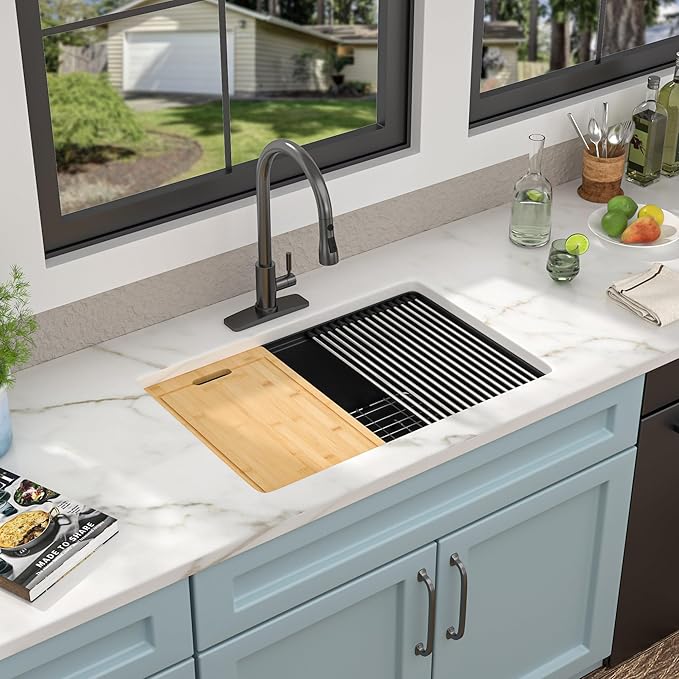 28"x19" Granite Composite Kitchen Sink - Matte Black Undermount Ledge Workstation Quartz Classic Under Counter Single Bowl Basin