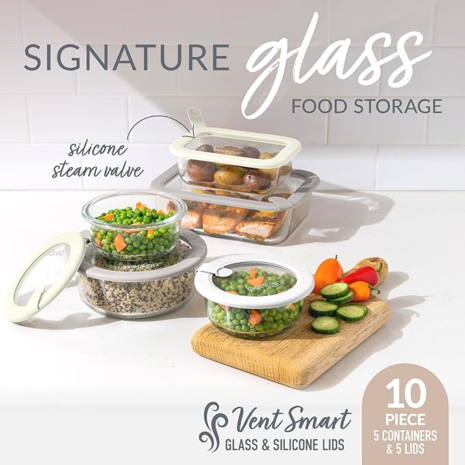 Bentgo Signature Leak-Proof Glass Food Storage - 10-Piece Set, 1-Compartment Plastic-Free Containers with Airtight Glass Lids, BPA-Free, Microwave, Freezer, Oven & Dishwasher Safe (White Stone)