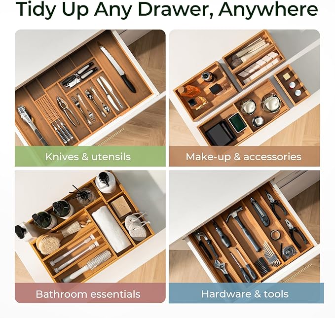Carbonized Large Bamboo Kitchen Drawer Organizer, 12 Slots Expandable Silverware Organizer, Utensil Holder & Cutlery Tray, 2.5" Deep for Extra Capacity, Non-Slip Feet Included