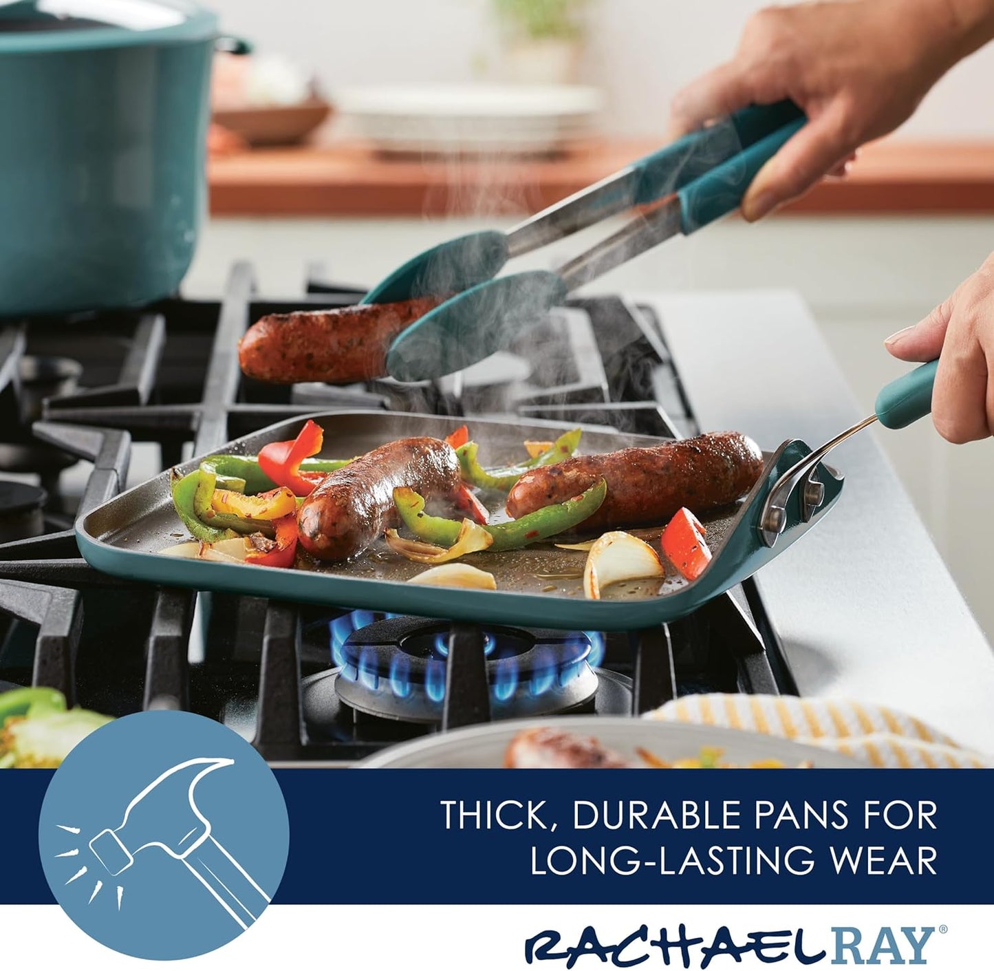 Rachael Ray Cook + Create Nonstick Stovetop Griddle/Grill Pan, Square, 11 Inch, Agave Blue