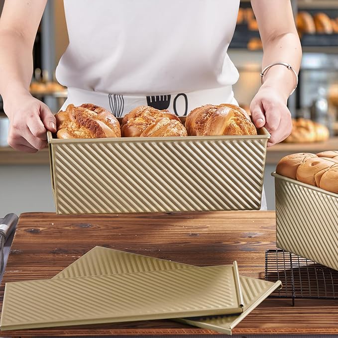 CURTA Commercial Pullman Loaf Pan with Lid 2.2 lb Dough Capacity Non-Stick Bakeware for Baking Bread Corrugated Bread Toast Box Mold extra large loaf pan Champagne Gold 2pcs