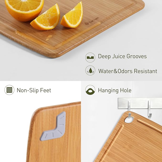 Lightweight Durable Bamboo Cutting Board with Non-Slip Feet, Non Toxic Wooden Cutting Board for Kitchen Heat-Resistant Chopping & Charcuterie Board with Juice Groove Kitchen Essentials for Meat