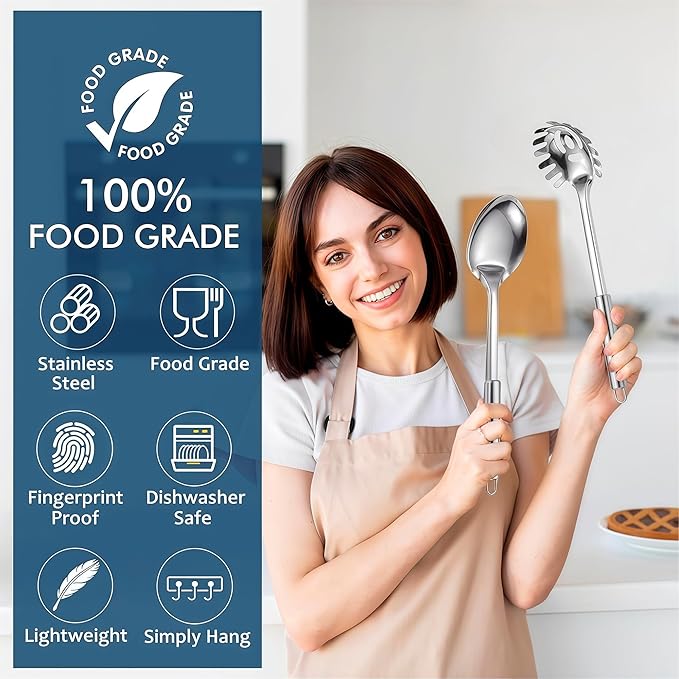 Large Cooking Spoon and Pasta Fork Set, 2 Pack Stainless Steel Serving Spoon, Heat Resistant Kitchen Noodle Spoon for Cooking, Serving, Mixing and Spaghetti