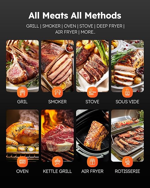 Smart Wireless Meat Thermometer with Ultra-Thin Probe, Digital Food Thermometer 0.5S Instant Read, 600FT Bluetooth Range Real-Time Monitoring & Smart Alerts for BBQ, Grill, Smoker, Oven, Air Fryer