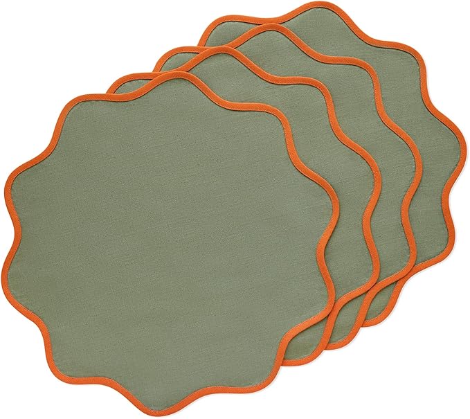 Solino Home Linen Placemats Set of 4-100% Pure Linen Persimmon Orange and Oil Green Round Cloth Placemats 16 Inch for Fall, Thanksgiving - Giselle Scallop Edge, Handcrafted and Machine Washable