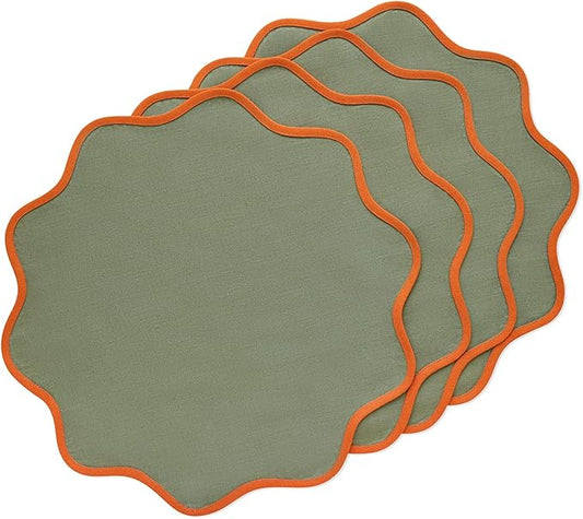 Solino Home Linen Placemats Set of 4-100% Pure Linen Persimmon Orange and Oil Green Round Cloth Placemats 16 Inch for Fall, Thanksgiving - Giselle Scallop Edge, Handcrafted and Machine Washable