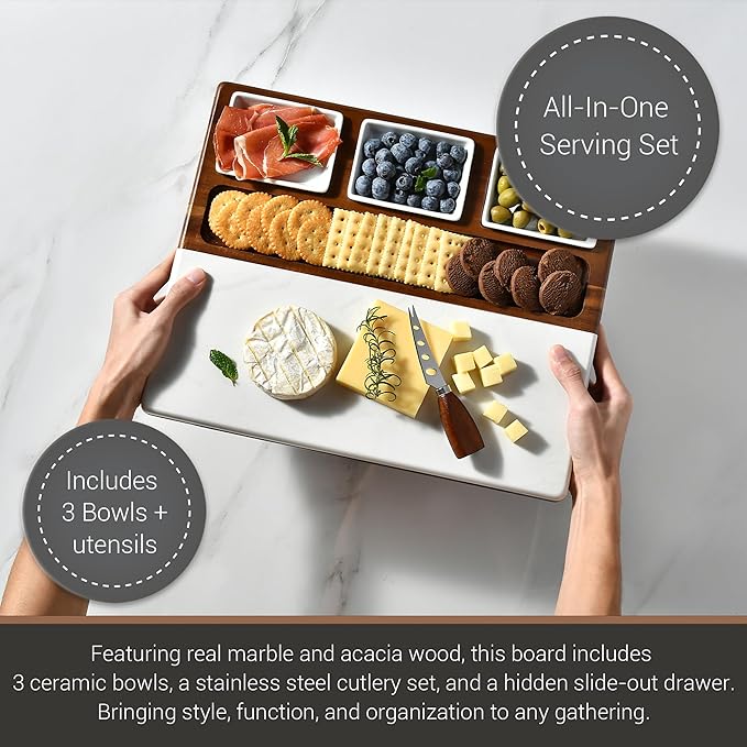 Shanik Marble & Acacia Wood Cheese Board Set – Includes 3 Ceramic Bowls, Stainless Steel Cutlery – Charcuterie Platter Gift for Entertaining