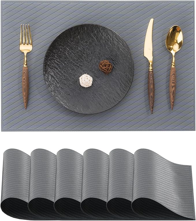 BACKTOEDEN Placemats Set of 6 Heat Resistant Washable Wipeable Placemat Woven Non-Slip Foldable Vinyl/Plastic Place Mats Indoor/Outdoor Mat Kitchen Dining Table Pad, Dark Gray Twill