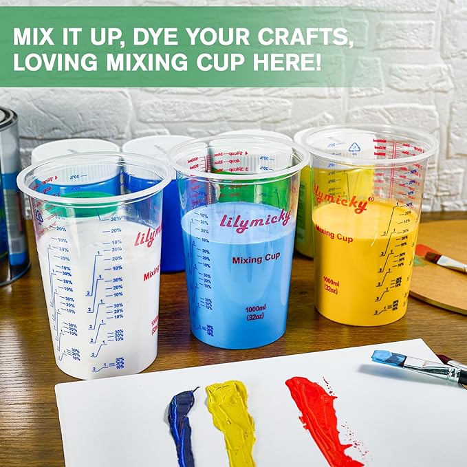 50 PACK Plastic Measuring Cups, 32 oz (1000ml) Disposable Mixing Cups, Measurement ratios: 2:1, 3:1, 4:1, Perfect for Epoxy Resin, Paint Mixing, Art DIY