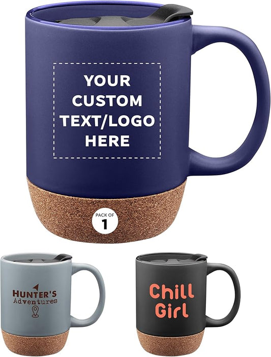 Custom Barista Ceramic Mugs with Cork Bottom 13 oz. Set of 1, Personalized Bulk Pack - Perfect for Coffee, Tea, Espresso, Hot Cocoa, Other Beverages - Blue