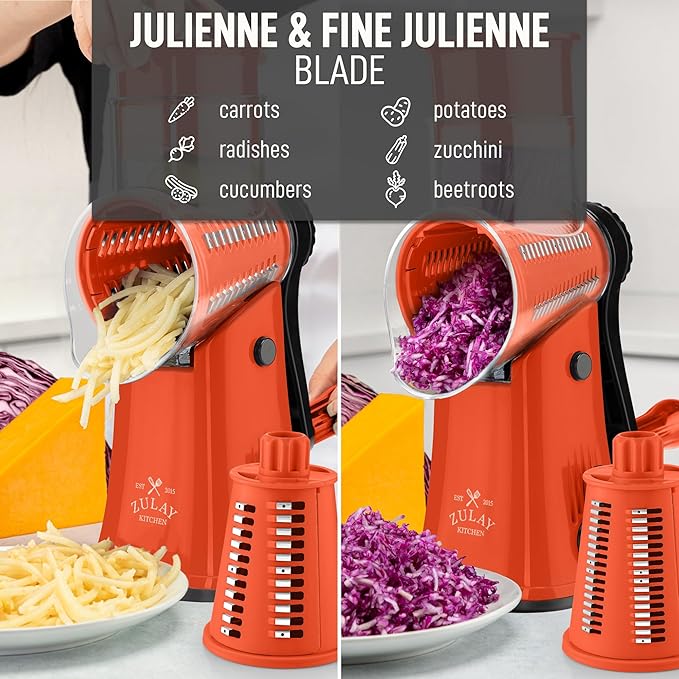 Zulay Kitchen Rotary Cheese Grater 5 Blade Cheese Shredder - Manual Hand Crank Cheese Grater With Reinforced Suction & 5 Interchangeable Drums - Easy to Use, Vegetable Chopper Round Mandoline Slicer