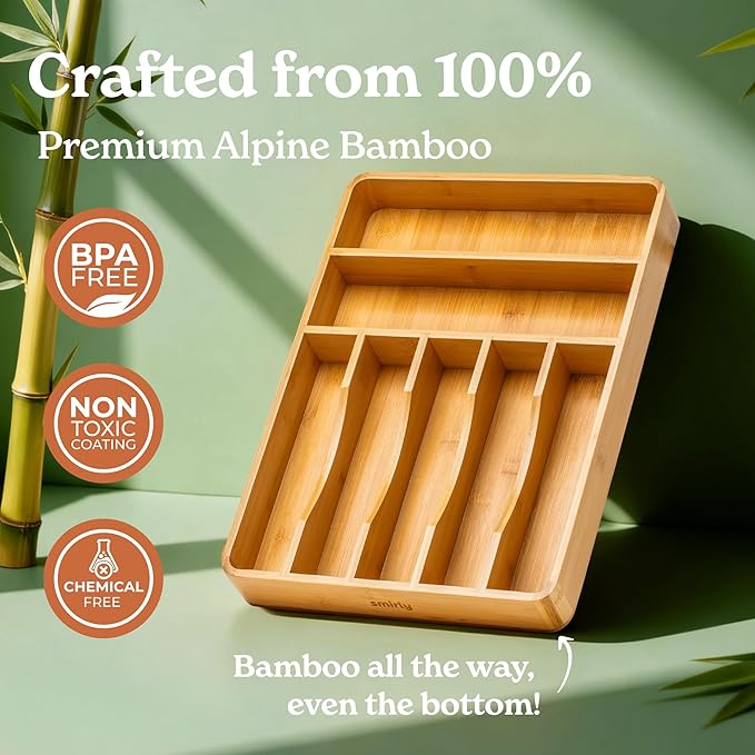 SMIRLY Silverware Drawer Organizer – Bamboo Kitchen Drawer Organizer, Adjustable Utensil Holder and Cutlery Tray, Drawer Dividers for Flatware and Kitchen Utensils