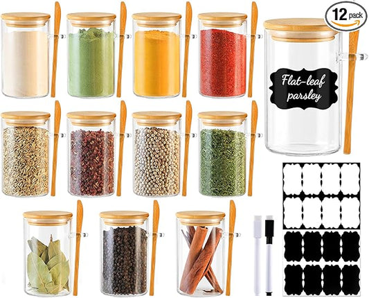 12 Pack 8 oz Round Glass Spice Jars with Lids and Spoons – Airtight Small Spice Containers Set with Labels, Clear Glass Storage Jars for Seasoning, Spices, Kitchen Pantry Organization