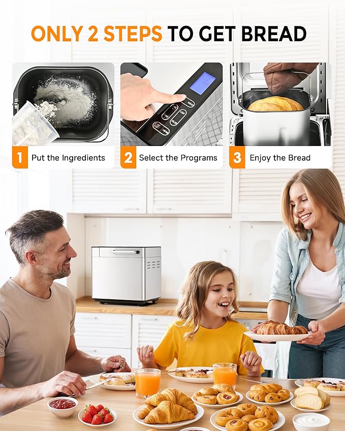 EUHOMY Bread Maker Machine 13 Program 2LB Bread Maker, Bread Machine with 3 Loaf Sizes and 3 Crust Colors, Breadmaker with Fruit & Nut Dispenser,Ideal for Family Gifts, Gluten Free