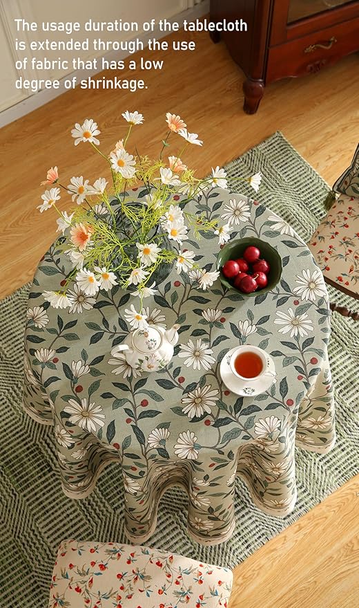 French Tablecloth for Round Tables,Linen Table Cloth with Colorful Flowers and Leaves Pattern,Heavy Durable Table Cover for Dining Thanksgiving Kitchen Decor Party Christmas,67"*67"