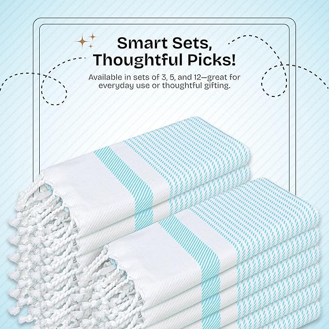 Aqua Blue Turkish Kitchen Towels 16x26 Inch, 12 Pack, 100% Cotton, Super Absorbent, Fast Dry, Machine Washable, Dish Towel with Tassels for Drying Dishes, Cleaning, Everyday Use