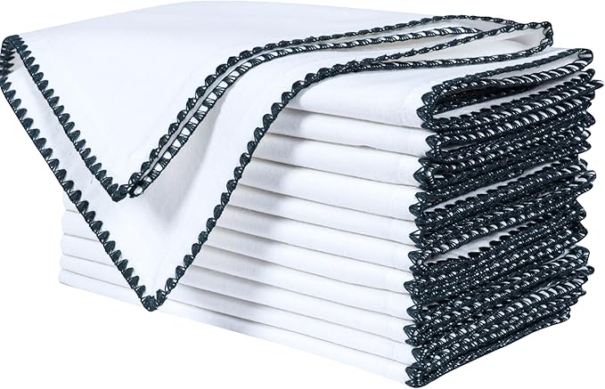 Bedding Craft Cotton Cloth Dinner Napkins Set of 12 – 18x18 Magical Forest Green Napkins with Colored Edge Embroidery – Durable Reusable Wedding Napkins for Dining Table Décor, Banquets & Restaurants